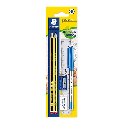 STAEDTLER 121SET BKD Noris School Graphite HB Pencil Student Stationery Set (Pack of 2 Pencils, Blue Pen, Ruler, Eraser Plus Sharpener), Black