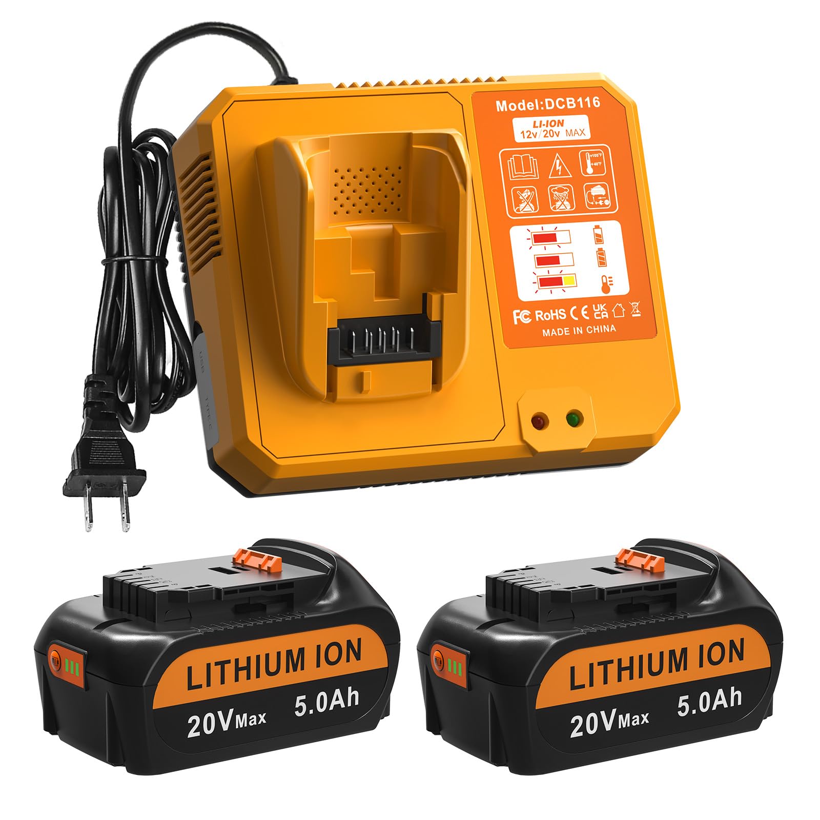 Photo 1 of 2 Pack5.0ah hium-Ion Battery Replacement for Dewalt 20v Max Batteries DCB116 Fast Charger Combo for Dewalt 20V 60V Max Battery with USB Port & Cordless Power Tools