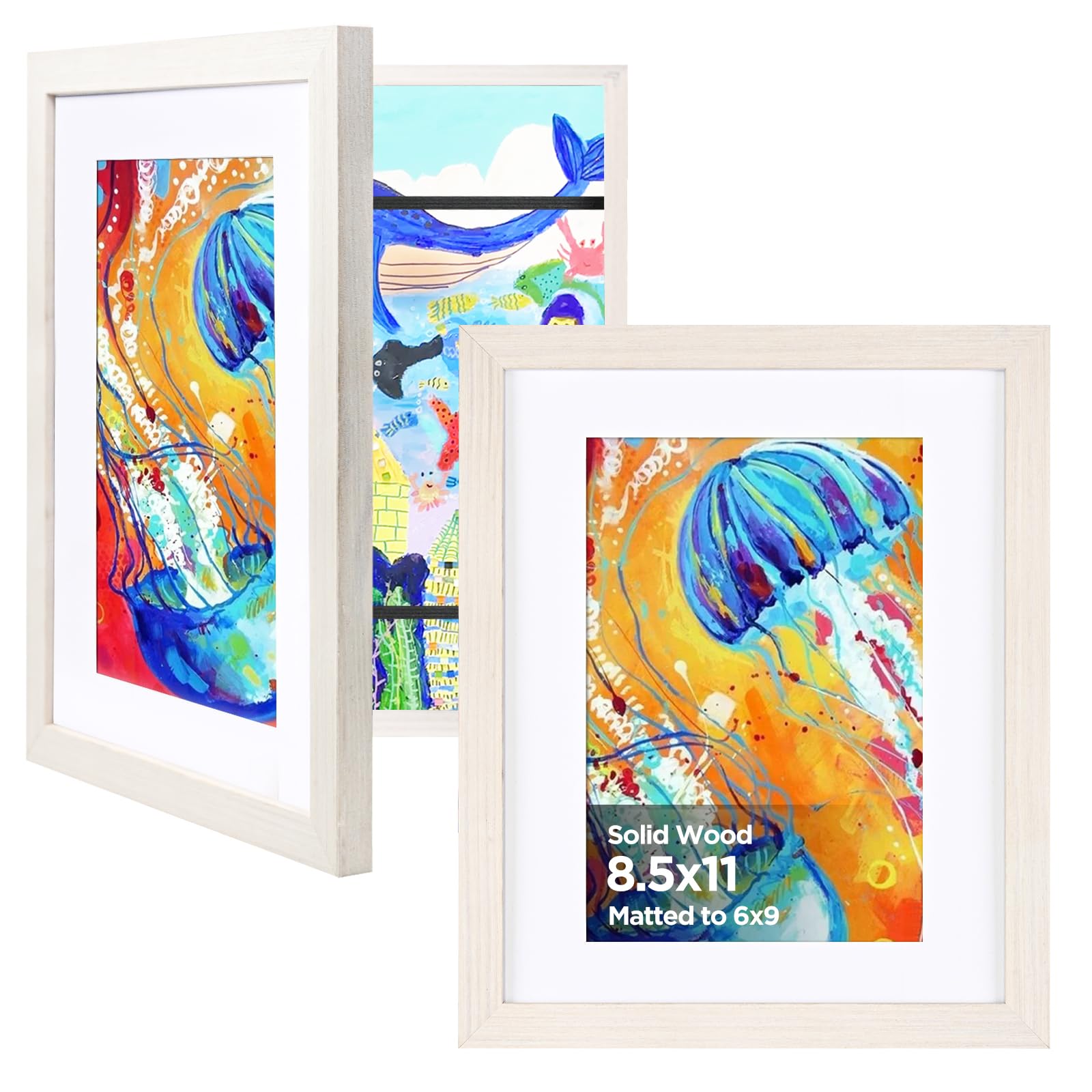 Photo 1 of KINLINK 8.5x11 Kids Art Frames Set of 2, Solid Wood Kids Artwork Frames Changeable with Acrylic Front Opening Holds 150 Pictures, Art Frame for Kids Artwork with Mat or without Mat, White Wood