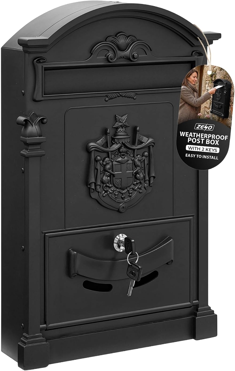 ZENO Letter Box Wall Mounted Postbox Black Large Traditional Mailbox with 2 Keys