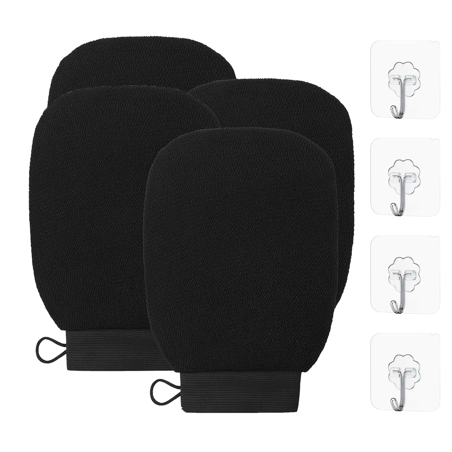 XHNFCU 4 Pieces Black Exfoliating Gloves with 4 Pcs Hooks, Scrub and Remove Dead Skin Cells Double-sided Body Bath Mitt Body Scrub Gloves Comfortable Scrub Exfoliating Glove for Women and Men
