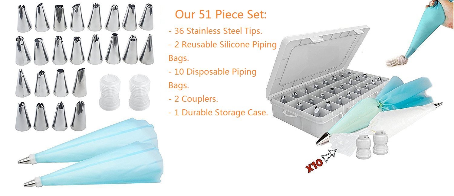 Cake Decorating Set,WERTIOO 51 Pieces Icing Piping Tips Set,Including 36 pcs Stainless Steel Piping Nozzles Tips with Storage Case, 2 Reusable Piping Bags,2 Couplers,10 Disposable Piping Bags