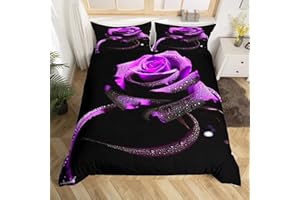 Feelyou Girls 3D Rose Duvet Cover Women Chic Purple Floral Print Bedding Set Luxury Romantic Flowers Glitter Comforter Cover for Children Teens Bedroom Decor Black Bedspread Cover Queen Size