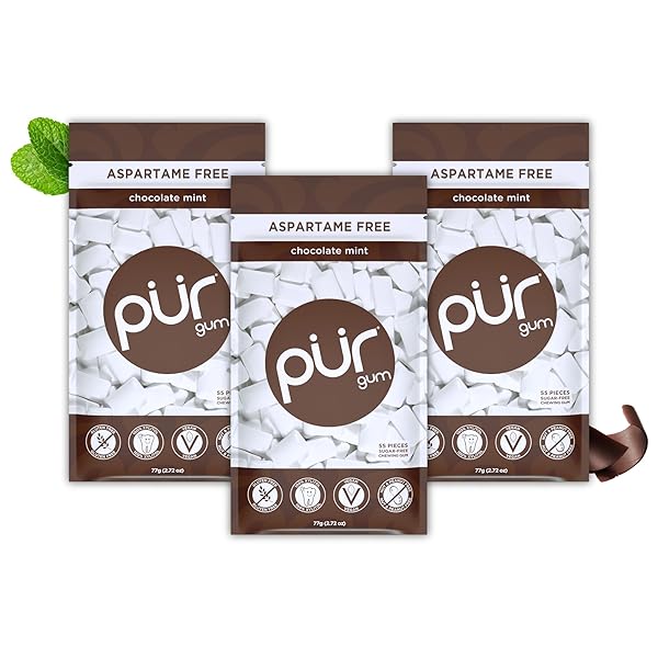 PUR GUM | ASPARTAME FREE CHEWING GUM | 100% XYLITOL | NATURAL CHOCOLATE MINT FLAVORED GUM, 55 PIECES (PACK OF 3)