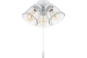 Aspen Creative 22013-1, Three-Light Ceiling Fan Light Kit with Pull Chain, Matte White Finish with Clear Glass Shades, 13-1/8" Diameter x 6-3/4" Height
