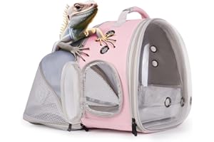 WEVONIGU Expandable Bearded Dragon Backpack Carrier with Clear Bubble Window Large Space Travel Cage for Hedgehog Rat Parrot,Rabbit,Sugar Glider,Airline Approved (Pink, Back Extention)