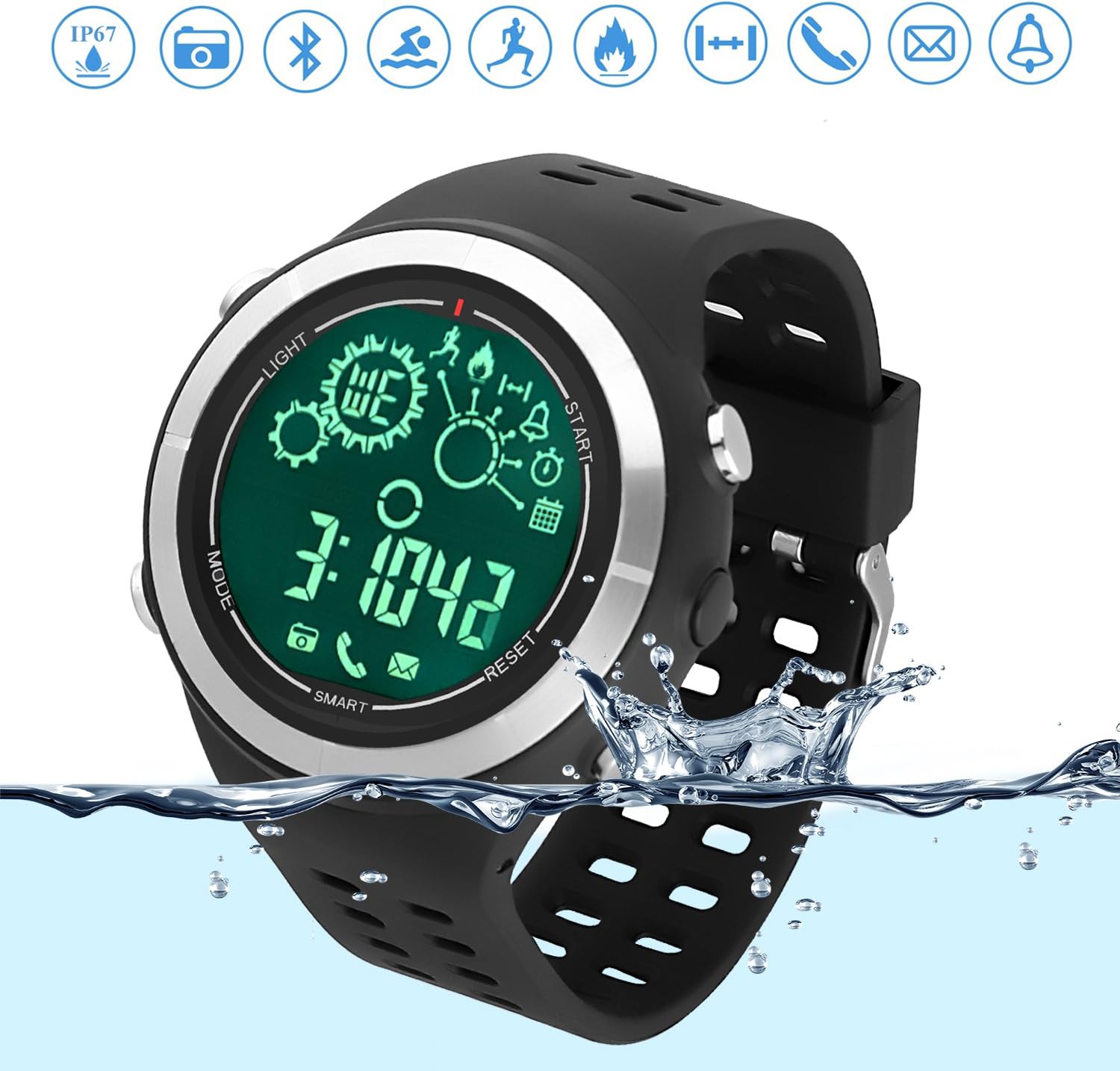 Sports smart watch Bluetooth running Watch swimming tracker IP67 Waterproof Remote Camera bluetooth watch pedometer for Android and IOS Smartphones Black