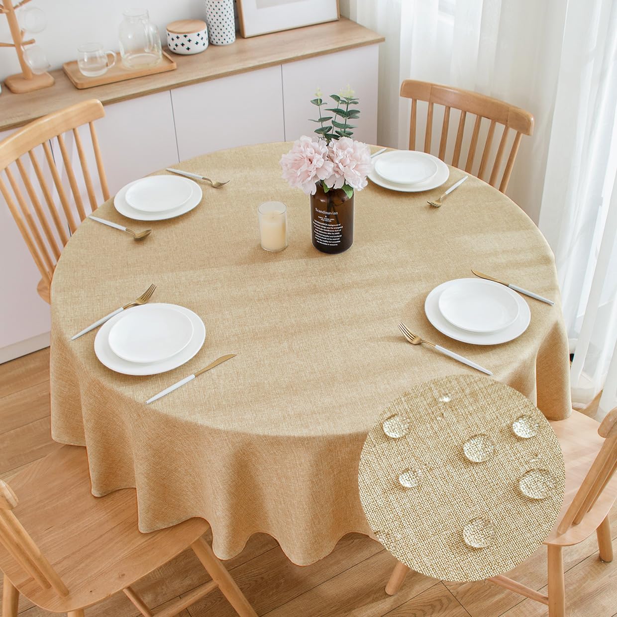 SPRICA Round Tablecloth 160cm Diameter Water Resistance Linen Texture Spill Proof Wipeable Table Cover Solid Colour Circle Cover, Wheat