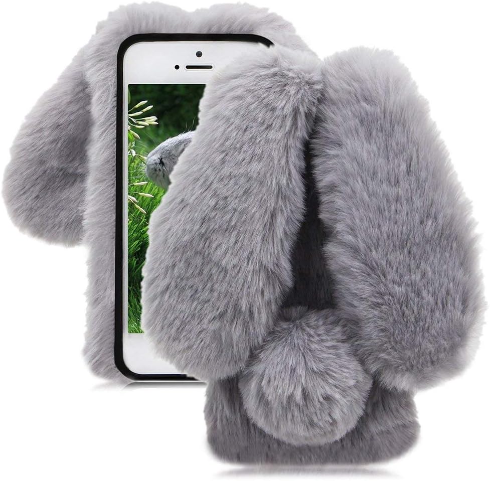 dudubaobei Plush Furry Case for iPhone X, for iPhone XS Case with Fluffy Ears Rabbit Pompom Tail, Super Soft Warm Fuzzy Cute Bunny Hairy Girls Cover with Bling Diamond Camera Bumper