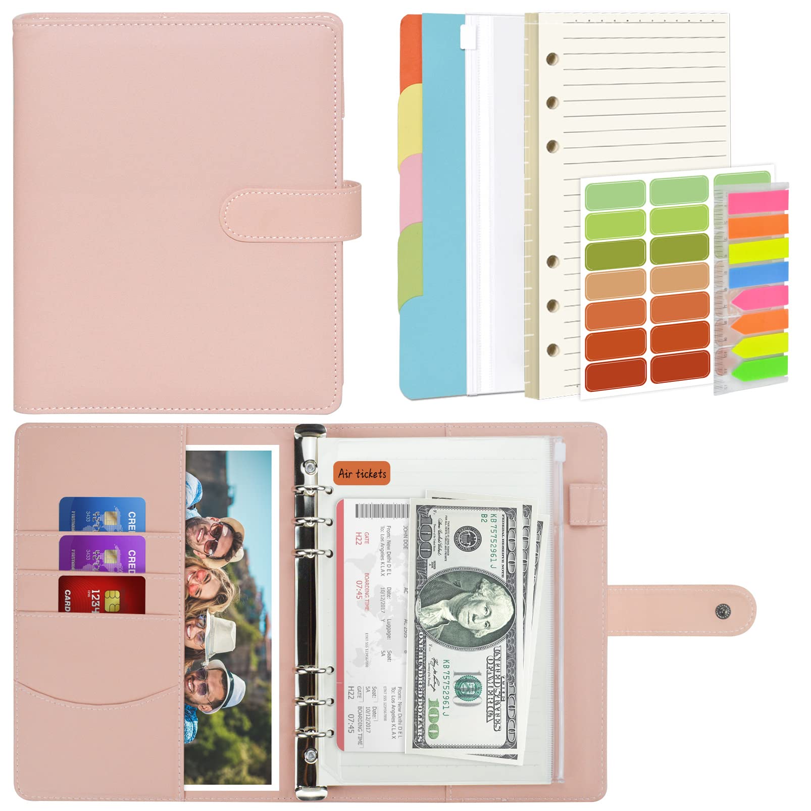 Mlife A5 Notebook Binder Set - 6 Ring PU Leather Planner,5 PCS File Divider,45 Sheets A5 Loose Leaf Paper,Label Stickers,Index Tabs and Clear Cash Envelopes,Personal Organizer Binder (Pink)