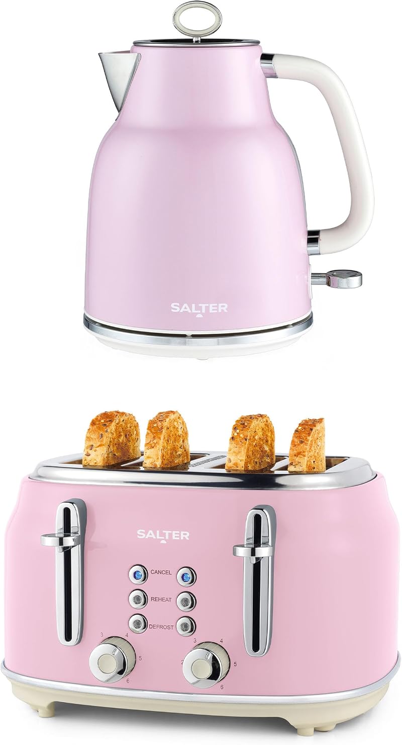 Salter Retro Pink Kettle & Toaster Set 1.7L 4-Slice Wide Slot 3kW 1630W