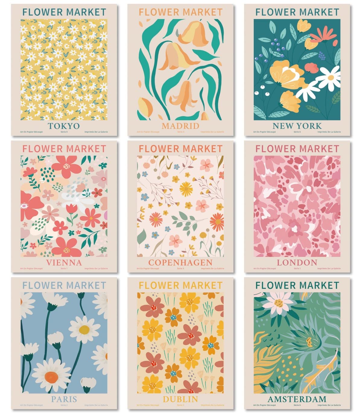MINI ZOZI Flower Market Posters Wall Art Prints 9PCS 8x10 Aesthetic Danish Pastel Matisse Floral Flower Print Poster Set Trendy For Dorm Room Decor Decorations Cute Flowers Unframed Paintings Collage