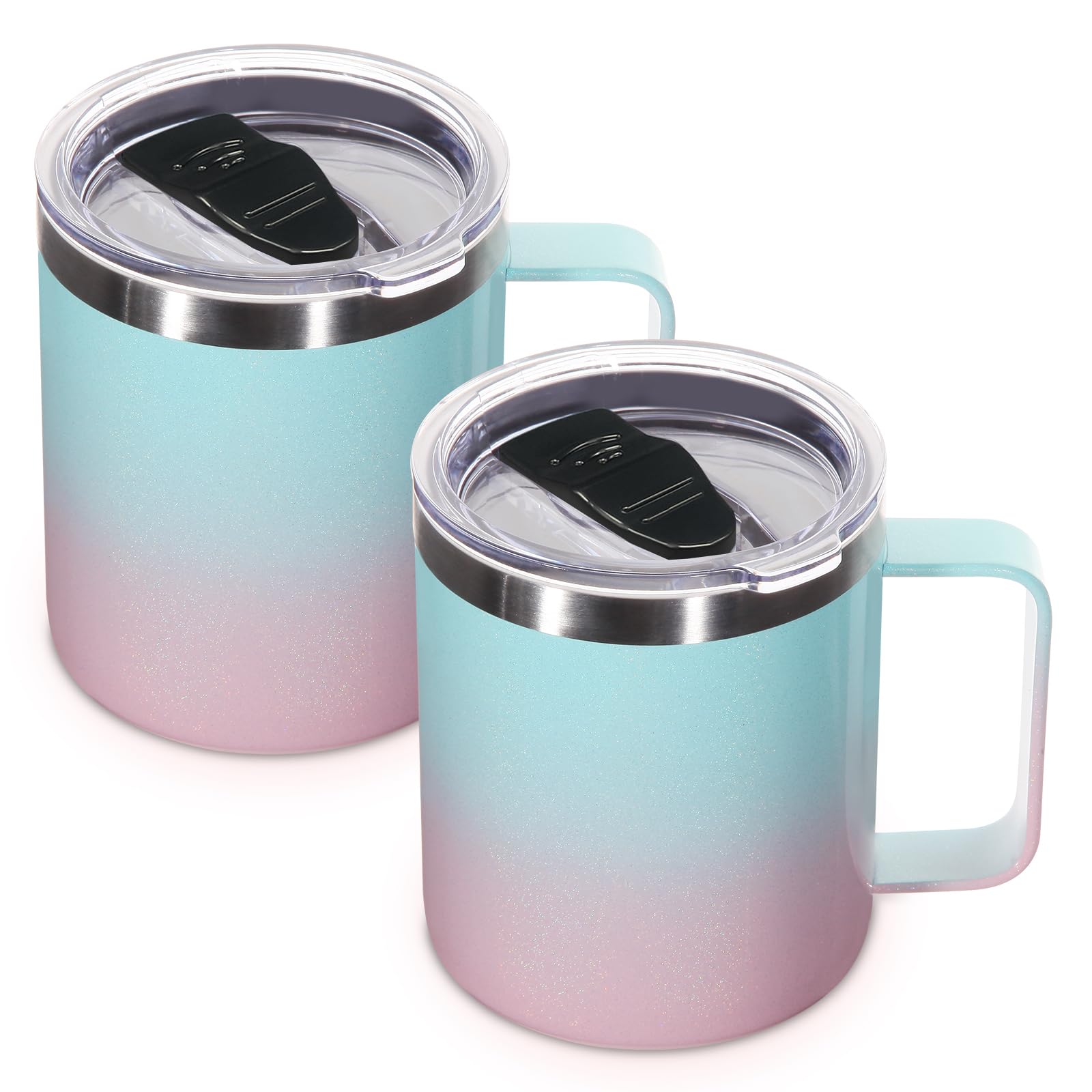 Volhoply 14oz Insulated Stainless Steel Coffee Mug with Lid Bulk 2 Pack,Double Wall Vacuum Travel Coffee Cup with Handle,Reusable Metal Tumbler,Camping Mugs Keep Hot,Christmas Gifts(Green Pink,2)