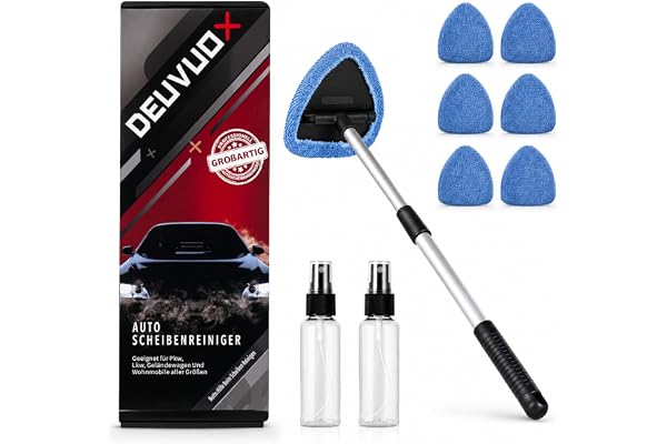 deuvuo Upgraded Car Windshield Cleaning Tool, Expandable Car Window Cleaner with 6 Reusable Microfiber Pads, 2 Spray Bottles,