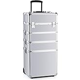 OUDMAY Makeup Rolling Train Case 4-in-1 Professional Artist Trolley Cosmetic Organizer with 2 Wheels Durable Aluminum Frame Folding Trays and Locks Silver