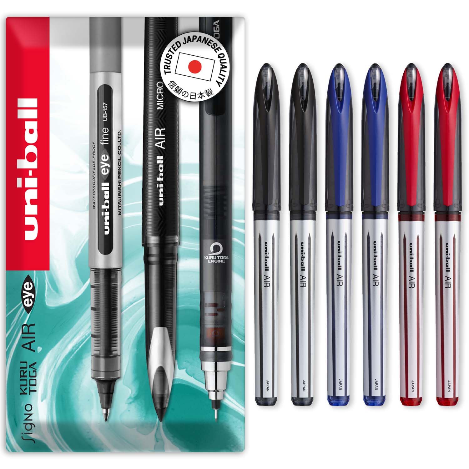 uni-ball AIR - 0.7mm Medium Rollerball - UBA-188-L - In Envelope Gift Box Packaging (Pack of 6, Black, Blue, Red)