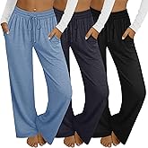 Velvelhall 3 Pack Women's Wide Leg Yoga Pants, Casual Drawstring Sweatpants Elastic Waist Loose Lounge Pants with Pockets