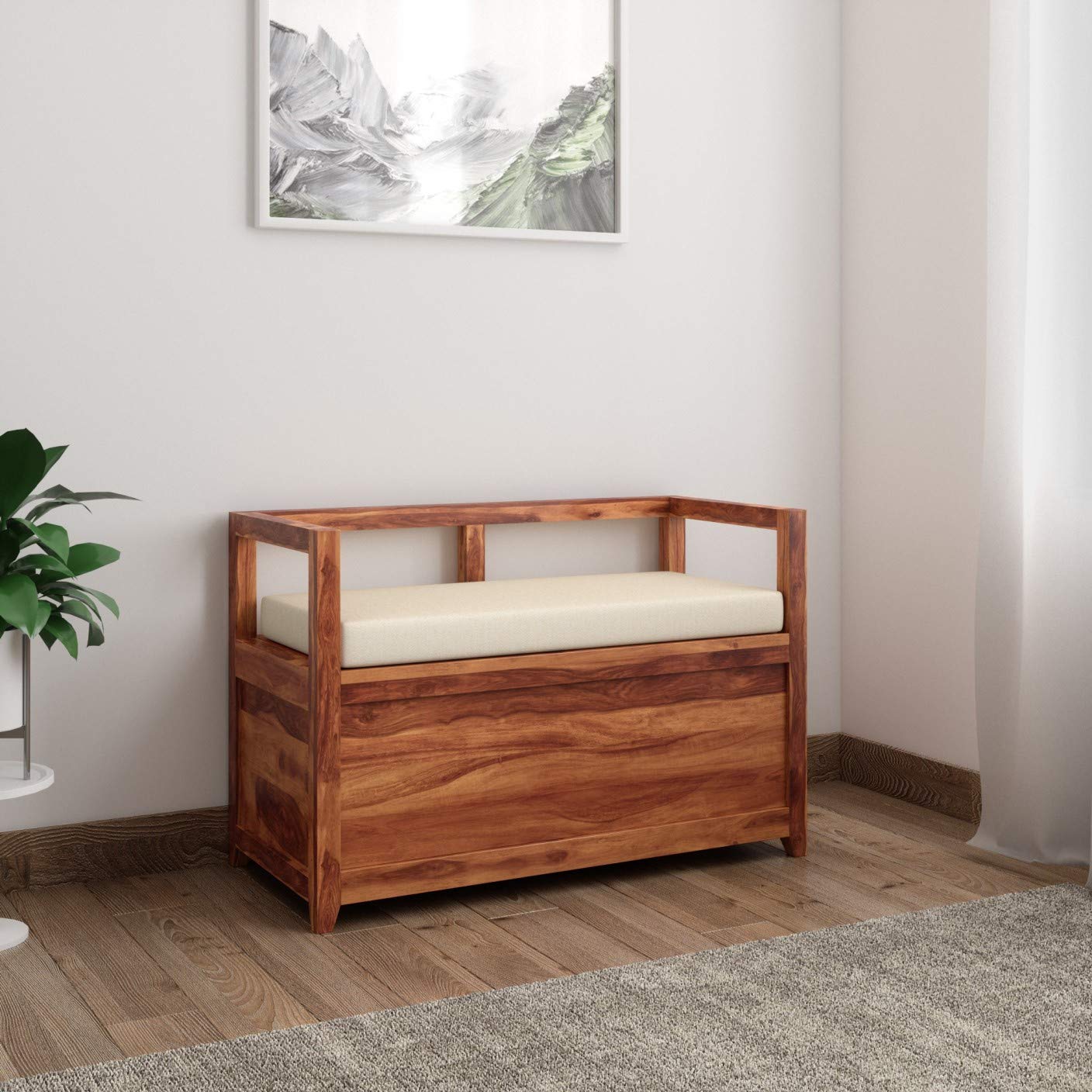 WOODSTAGE Sheesham Wood Shoe Rack with Bench with Cushion Seat for Home Office Wooden Shoe Cabinet Furniture (Honey Finish)