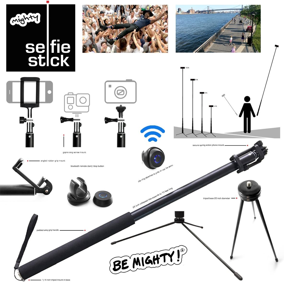 MIGHTY Selfie Stick -& Tripod w Bluetooth Remote, Extends 26" to 10 FEET for EPIC VIDEO as a Vlogging tripod for iPhone & Android, GoPro & Compact Digital. Selfie Stick Tripod with Remote