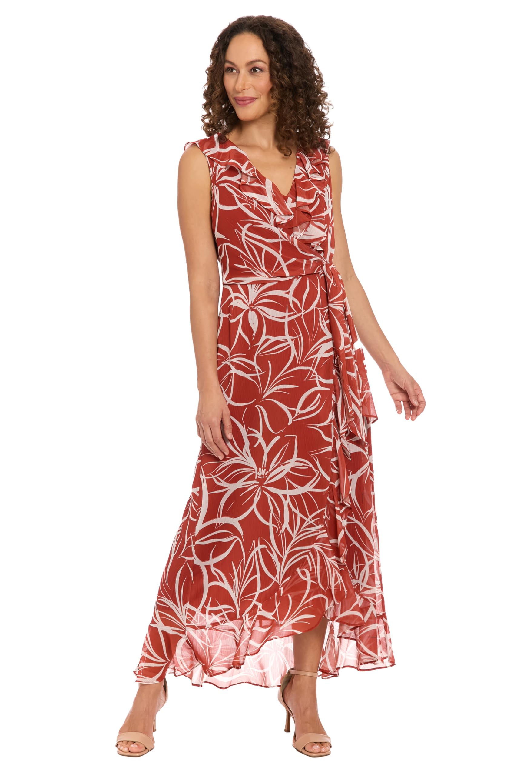 London Times Women’s Dresses Sleeveless Ruffle Detail Faux Wrap Tie Midi Dress, Cinnabar/Soft White, 6