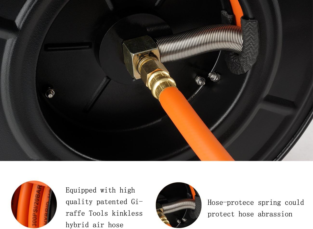 Giraffe Retractable Air-Hose-Reel with 3/8 in. x 50 Ft Hybrid Air Hose, Auto Rewind Pneumatic Hose Reel, 300PSI Heavy Duty Steel-Reel - - 
