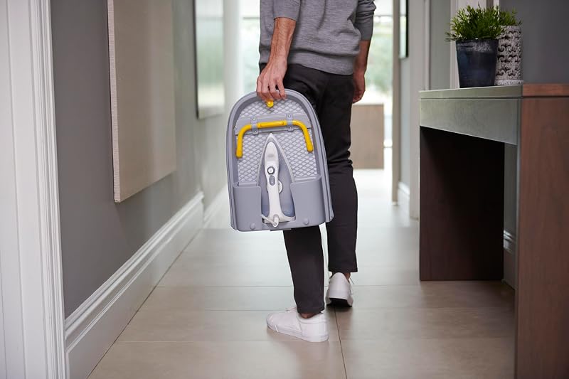 Pocket Planche à Repasser Pliante 90 x 33 cm avec Housse en Coton 100%, Rangement Compacte, Table Peu Encombrante, Porte-Fer Intégré, Gris/Jaune