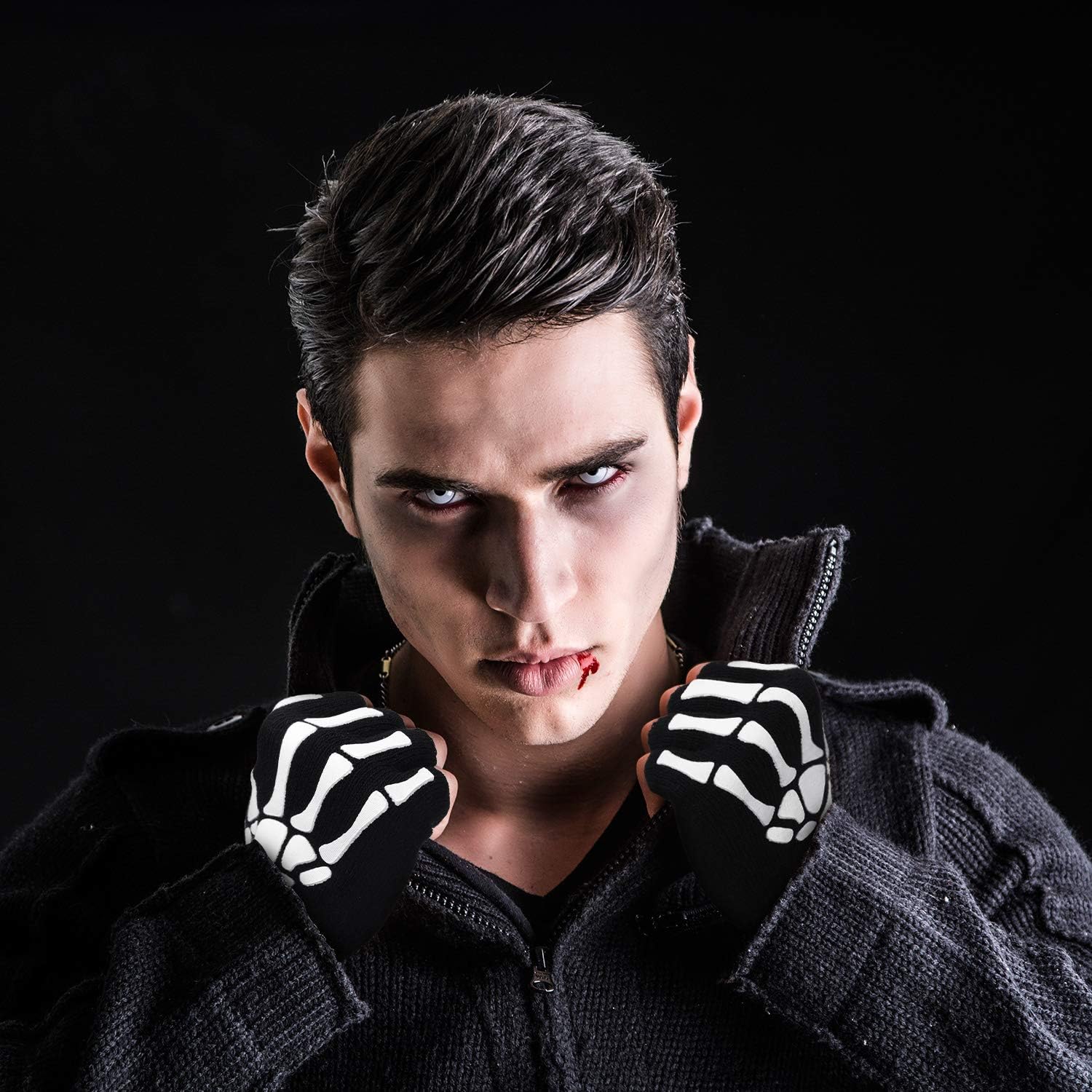 4 works Halloween Skeleton Half Finger Gloves Unisex Skull Fingerless Stretch Knitted Gloves Winter Hand Warm Gloves (Style 1) - Image 3