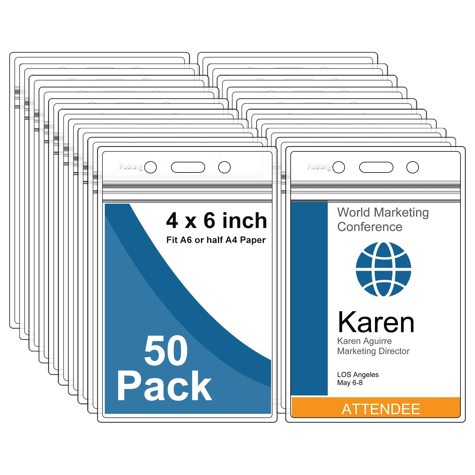 Fushing Pack of 50 Clear Plastic Vertical Badge Holders, Name Tag Holders, Card Holders (XXL)