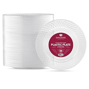 54 CRYSTAL CLEAR PLASTIC PLATES | 9 Inch Disposable Plates | Fancy Dinner Plates | Elegant Luncheon plates | Hard Round Party Plates | Heavy Duty Wedding Plates | Premium Catering Plates [Diamond]