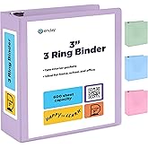Enday 3 Inch Binder, Purple - 3 Inch 3 Ring Binder, D-Ring Pastel with Clear View Cover for Letter Size 8.5 x 11'' Paper & 2 Inside Pockets, Ideal for School Supplies, Office, and Home