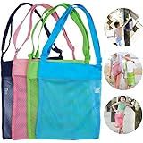 Shell Bags Mesh Beach Bags Breathable Toy Storage Bag,SeaShell Bags with Adjustable Carrying Straps,Blue, Pink, Green, and Black (10.63”x 13.19”,4 Pack)