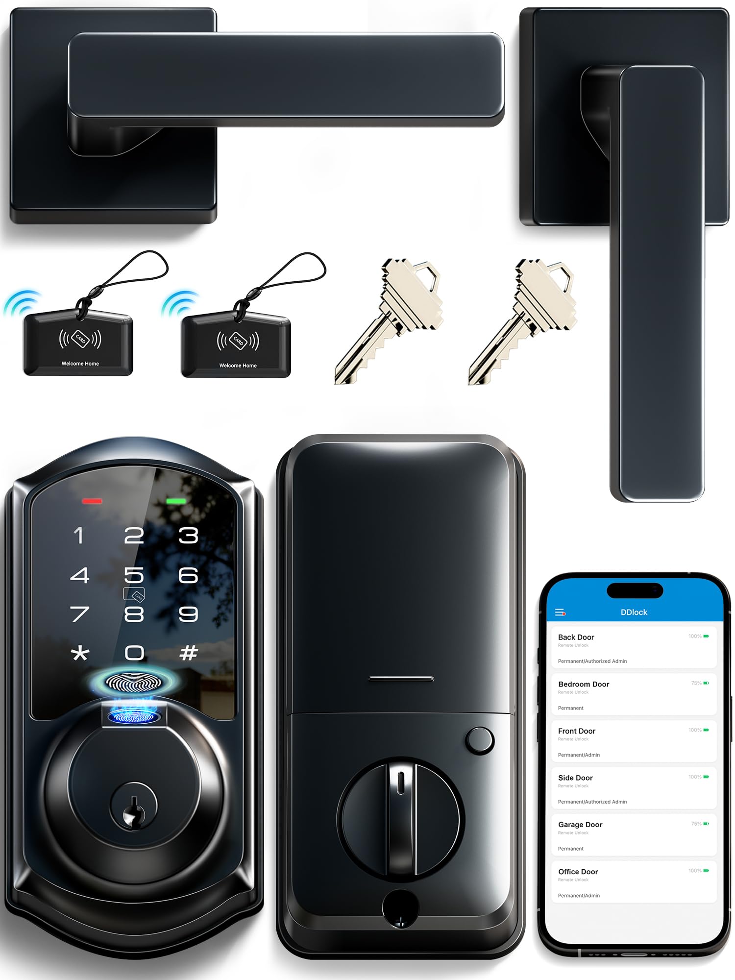 Photo 1 of Veise VE07-L Fingerprint App Control Smart Locks with Heavy-Duty Zinc Alloy Handles, Keyless Entry for Front Door, Digital Electronic Touchscreen, Auto Lock, Waterproof, Easy Install, Matte Black