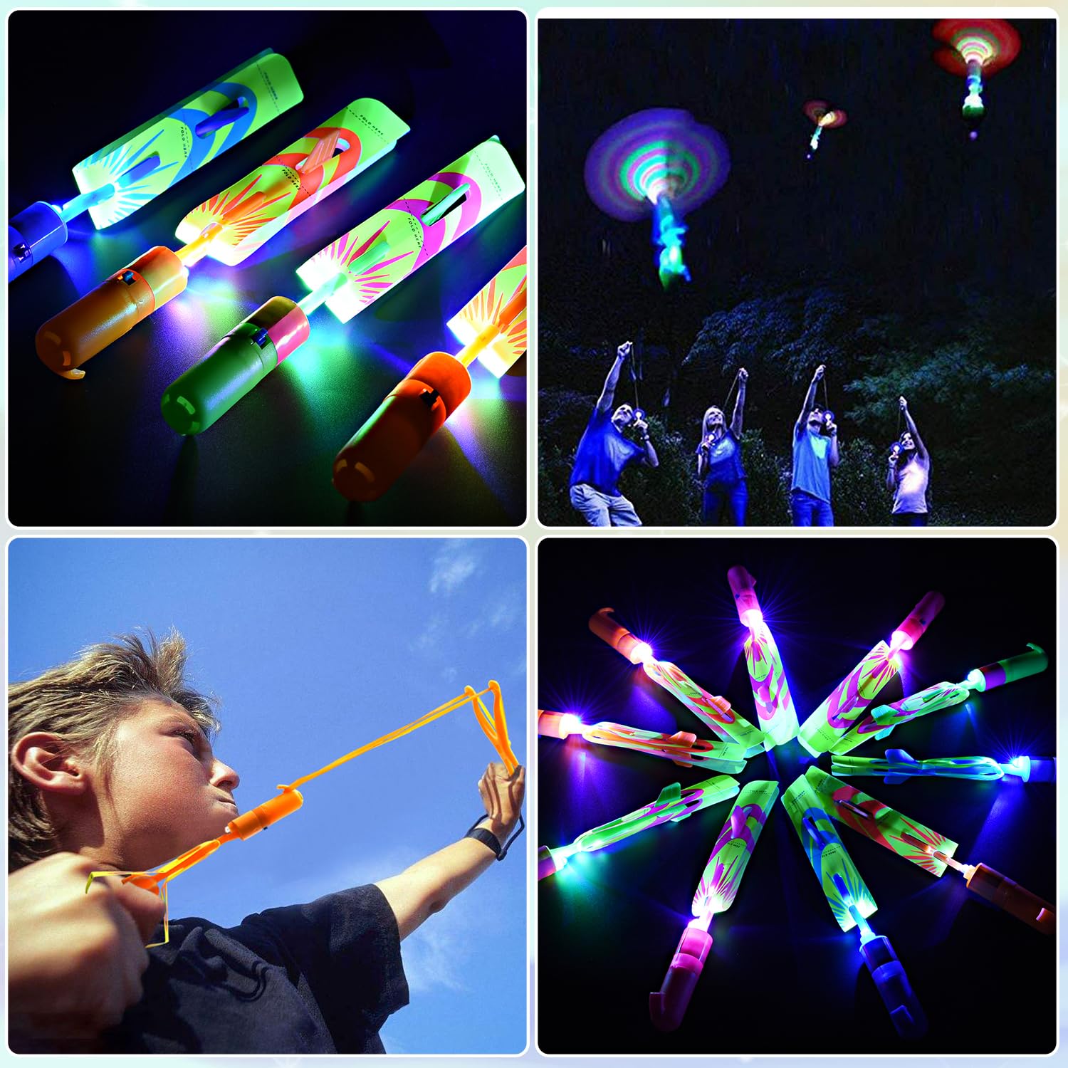 Rocket Slingshot Flying Toys with LED Lights - 12 Pcs Kids Outdoor Game with 12 Launchers + 12 Arrow Helicopters, Glow in The Dark Party Supplies