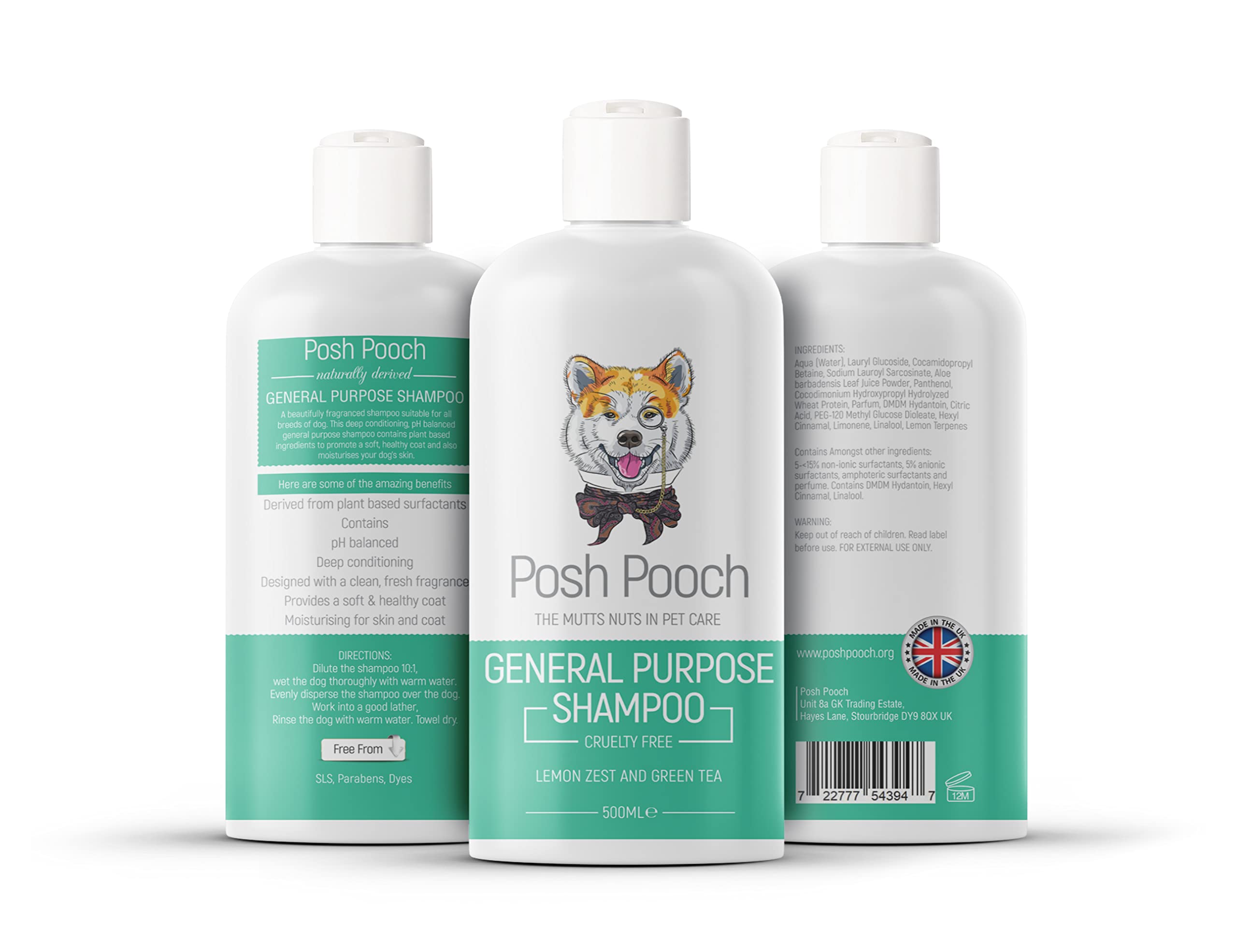 Green Tea & Lemon Zest Dog & Puppy Natural Plant Based Shampoo Posh Pooch® Moisturising Plant Based Vitamin Rich Fragranced Pet Shampoo, Aloe Vera Exfoliating Infused Alcohol Free Cruelty Free Wash