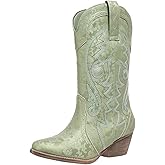 Bplangat Cowboy Boots for Women Wide Calf Cowgirl Boots Pointed Toe Embroidery Stitched Fashion Western Boot Mid-Calf with Pull-on Tabs, US Size 5-11
