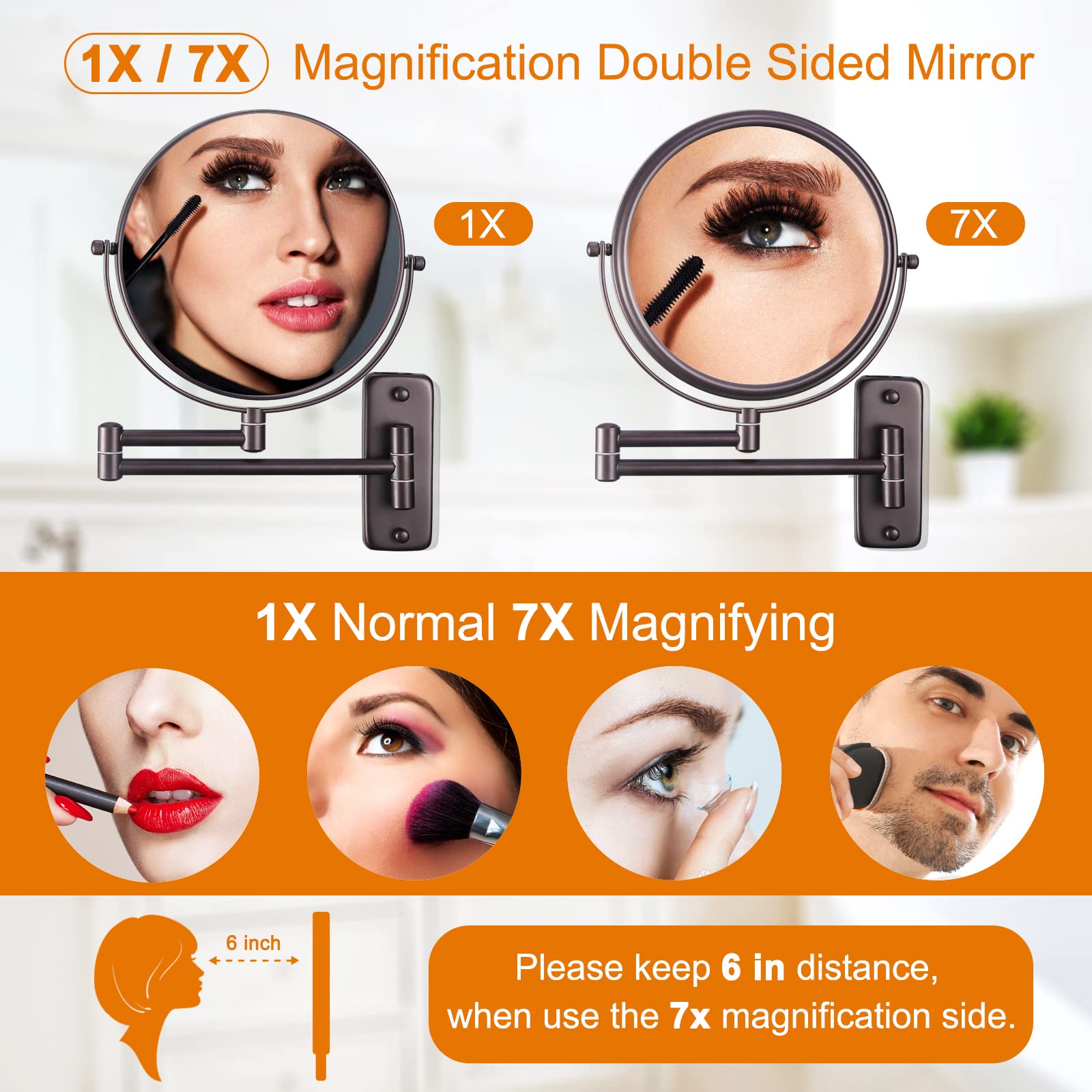 DECLUTTR 8 Inch Wall Mounted Makeup Mirror, 1X/7X Magnifying Mirror, Double Sided Vanity Makeup Mirror for Bathroom, Bronze