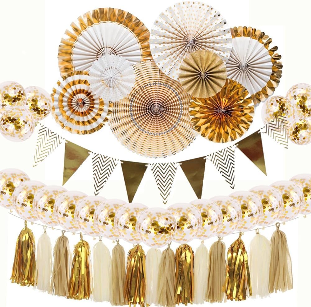 Gold and White Party Decorations 8 Pcs Paper Fan Flowers 20 Pcs Confetti Balloons Pennant Banner 15 pcs Tissue Paper Tassels Birthday Hanging Party Supplies for Wedding Decorations