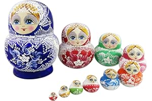 Winterworm Set of 10 Pieces Cute Colorful Blue Porcelain Pattern Big Belly Shape Handmade Wooden Russian Nesting Dolls Matryoshka Dolls for Kids Toy Birthday Home Decoration