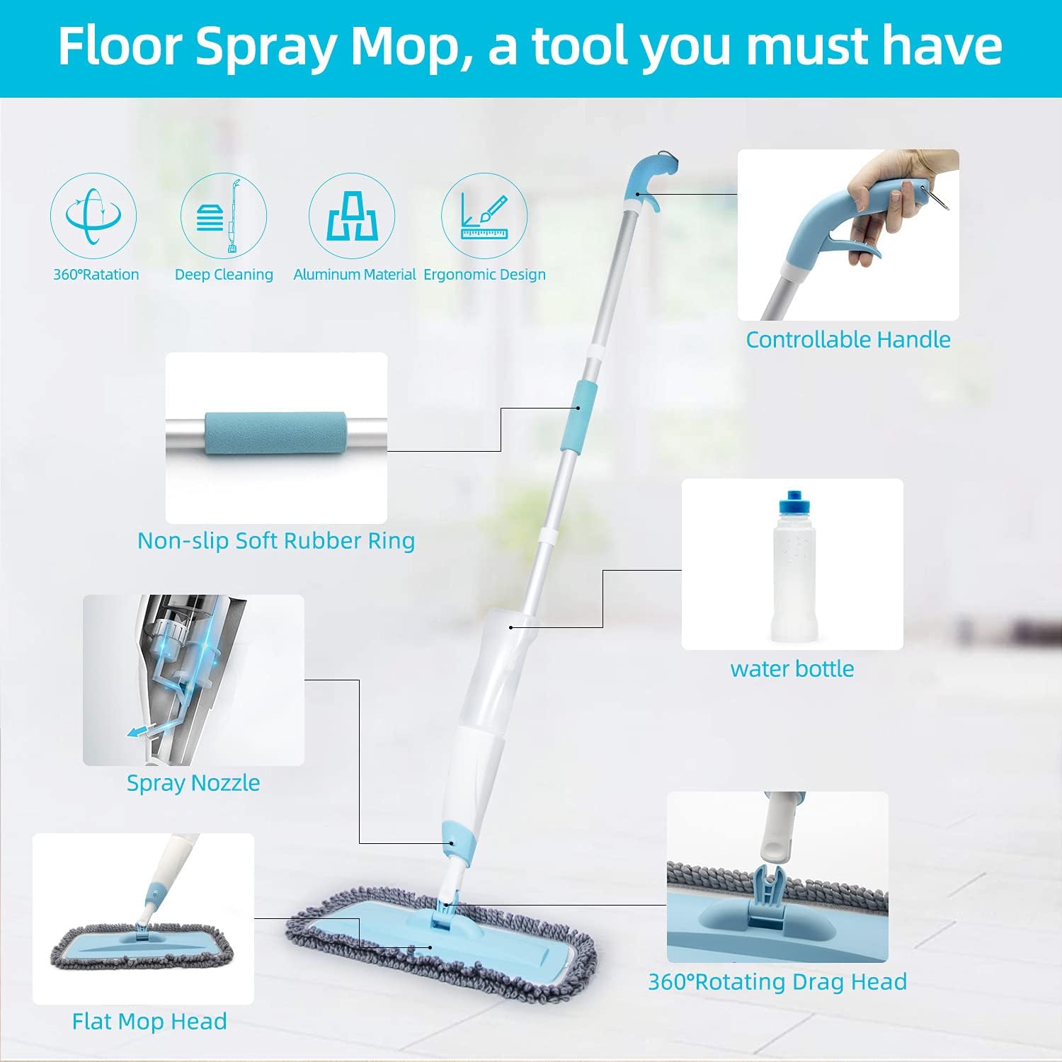 Spray Mop for Floor Cleaning, JMZZY Microfiber Floor Mop with 600ML Refillable Bottle & 3 Washable Mop Pads for Wood Floor Kitchen Hardwood Laminate Ceramic Tiles: Health & Personal Care