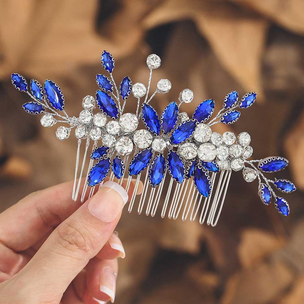 IYOU Women Bridal Hair Comb Blue Flower Hair Piece Party Wedding Hair Accessories for Bride and Bridemaids