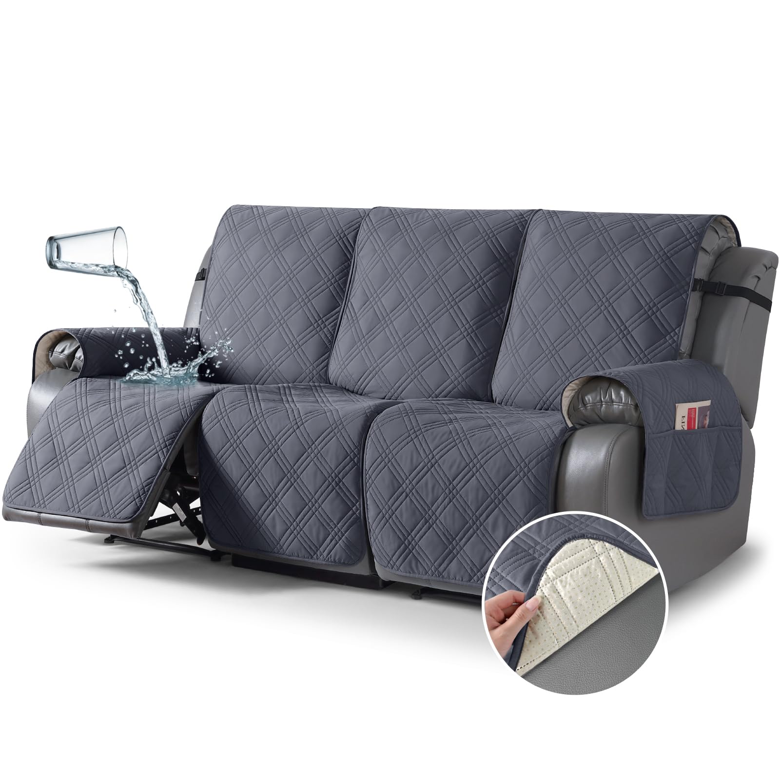 Photo 1 of TAOCOCO Waterproof Recliner Sofa Cover Couch Cover for Reclining Couch 3 Seat Non-Slip Split Sofa Slipcover 3-Pieces with Straps, Washable Reclining Sofa Cover for Kids Pets(3 Seater, Dark Grey)