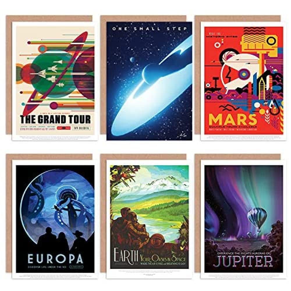 Artery8 NASA Space Travel Grand Tour Mars Earth Europa Jupiter All Occasions Various Assorted Blank Greeting Cards With Envelopes Pack of 6