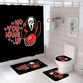 OLEBETY 4PCS Red Ghost Shower Curtain Sets with Rugs, Valentine's Day Shower Curtain, Waterproof Fabric Black Shower Curtain, Funny Gothic Halloween Spooky Scary Face No You Hang Up Bathroom Decor