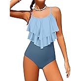 Tomolant Girls Swimsuit Color Block One Piece Swimsuit 2-Tiered Ruffle Bathing Suit Adjustable Strap Girls' Swimwear 7-16Y