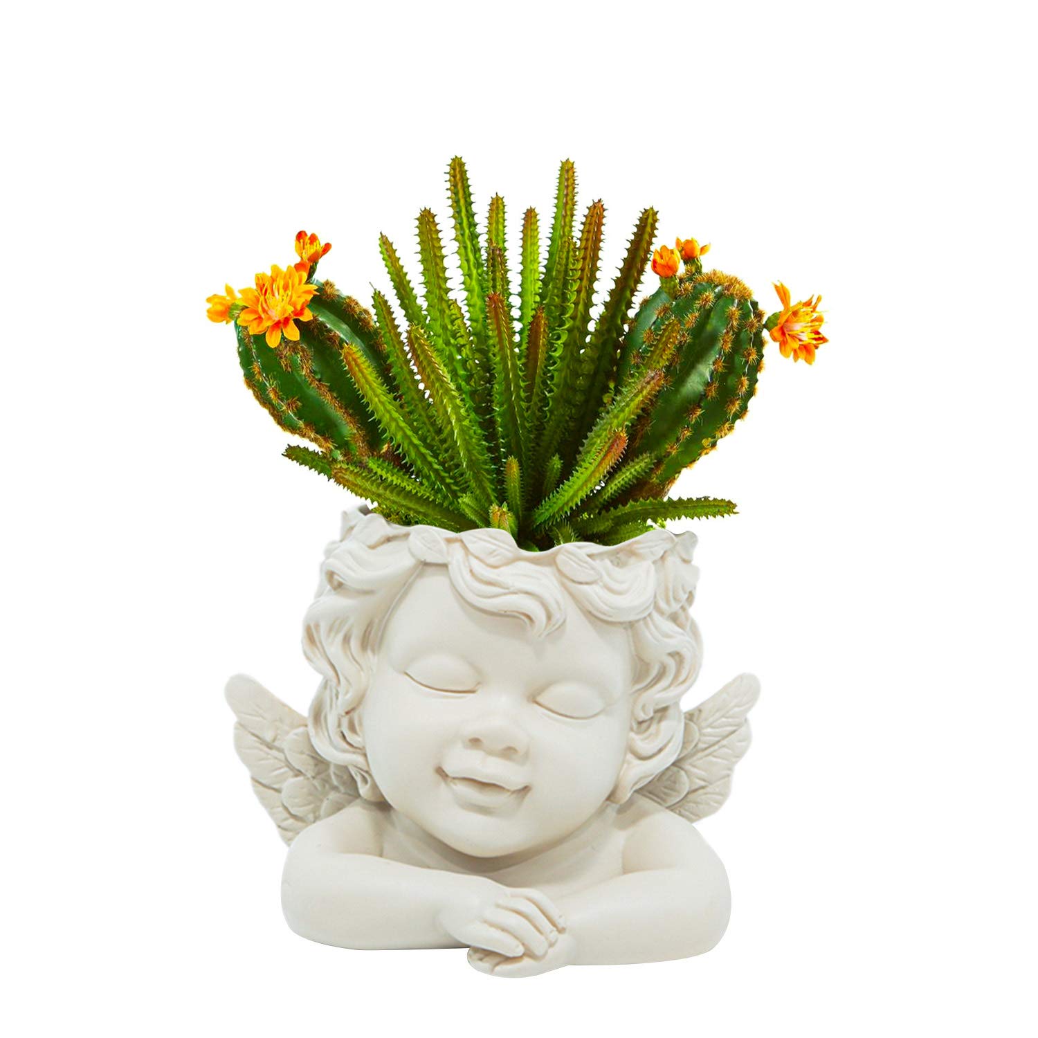 Plant Pot 15cm Angel Head Flat Surface Flower Holder Vase Resin Doll Face Planters Tabletop Succulent Plants Container Pot with Drainage Hole for Home Decor Centerpieces