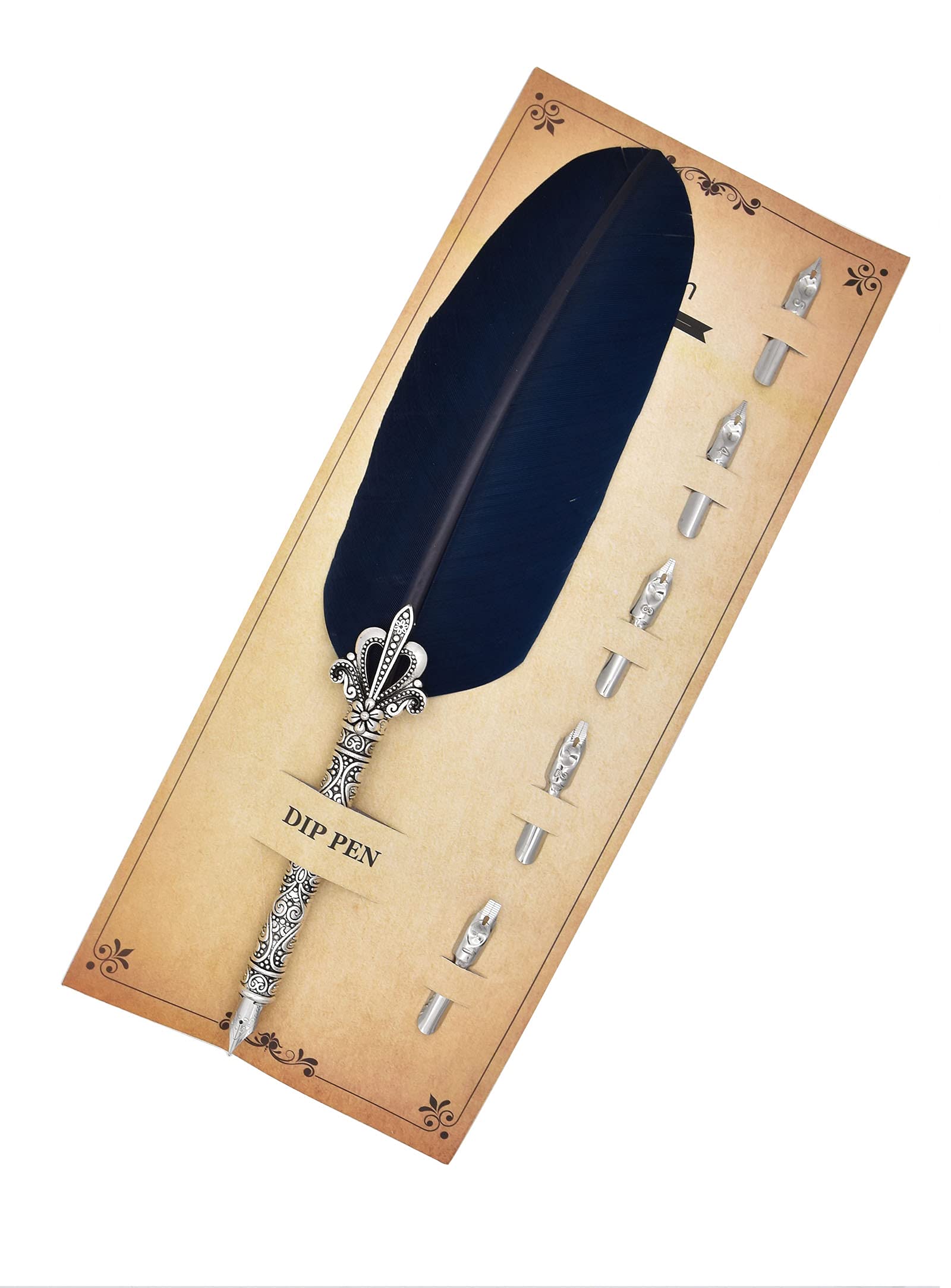 Gullor Calligraphy Feather Quill Pen and 5 Calligraphy Nibs for Beginners Kids Calligraphy Writing Quill Dip Pen Set, Navy