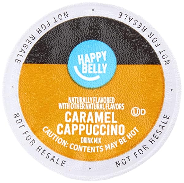 AMAZON BRAND – HAPPY BELLY CAPPUCCINO COFFEE PODS COMPATIBLE WITH K CUP BREWERS, LIGHT ROAST, CARAMEL FLAVORED, 24 COUNT, 12.72 OUNCE (PACK OF 1)
