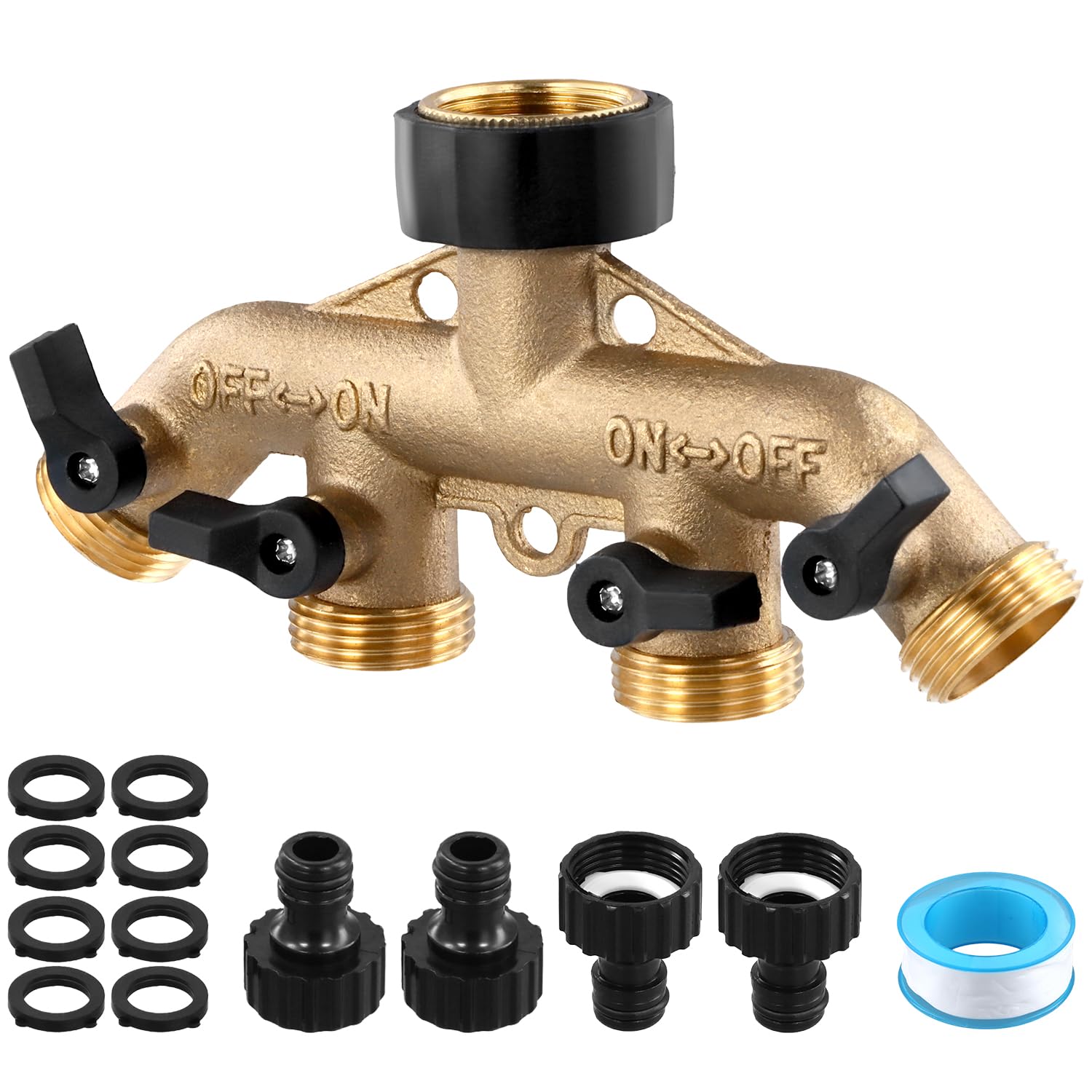 QWORK® 4-Way Tap Splitter, G3/4 Brass Tap Splitter, Garden Hose Splitter with Individual Control Valves