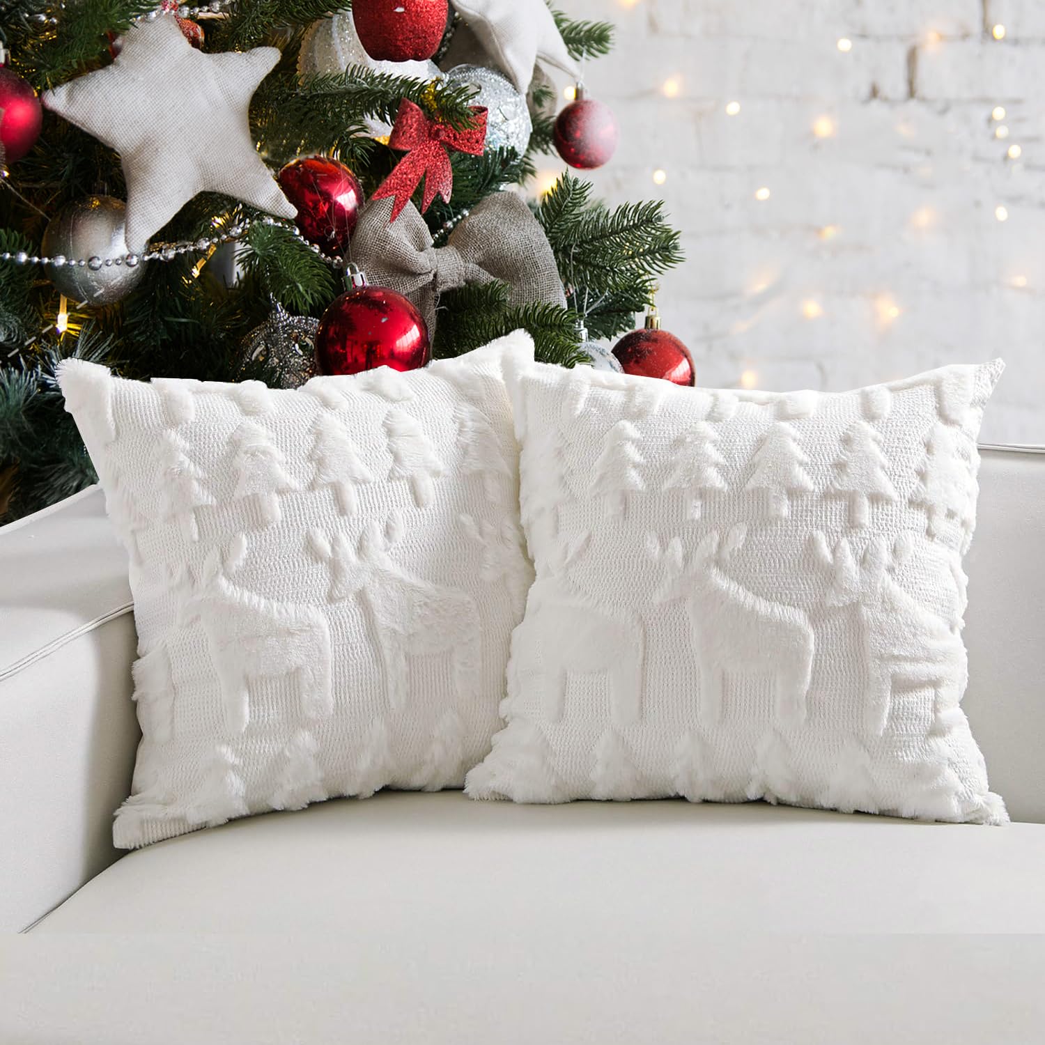 TOYPOPOR Christmas Pillow Covers Set of 2 45cm x 45cm, Soft Faux Rabbit Fur 3D Embroidery Christmas Tree Throw Pillow Covers For Holiday Christmas Decor Sofa, Couch, Invisible Zipper, Skin-Friendly