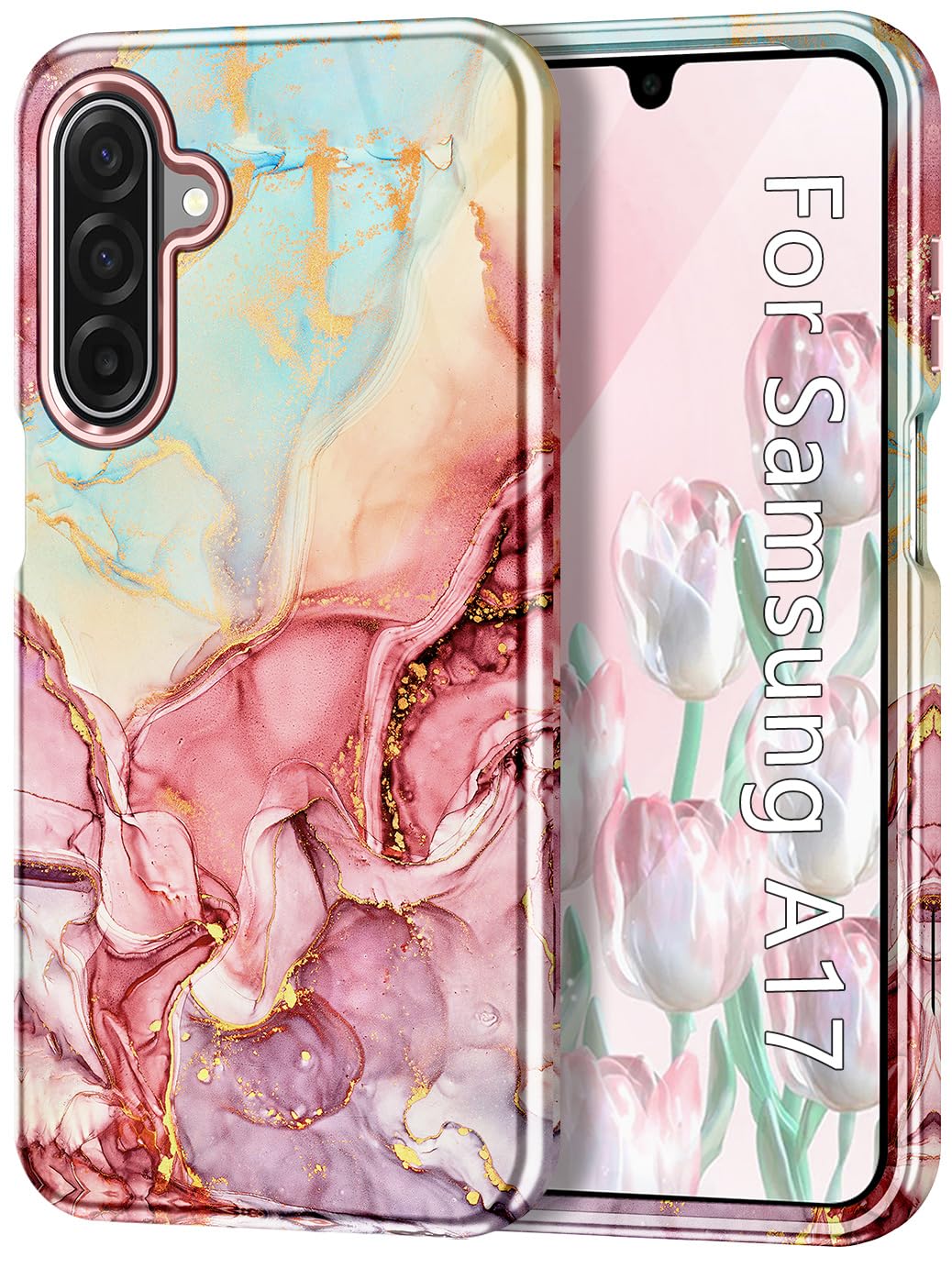 Btscase for Samsung Galaxy A17 5G Case, Marble Pattern 3 in 1 Heavy Duty Shockproof Full Body Rugged Hard PC+Soft Silicone Drop Protective Women Girl Cover for Samsung Galaxy A17 5G,Rose Gold